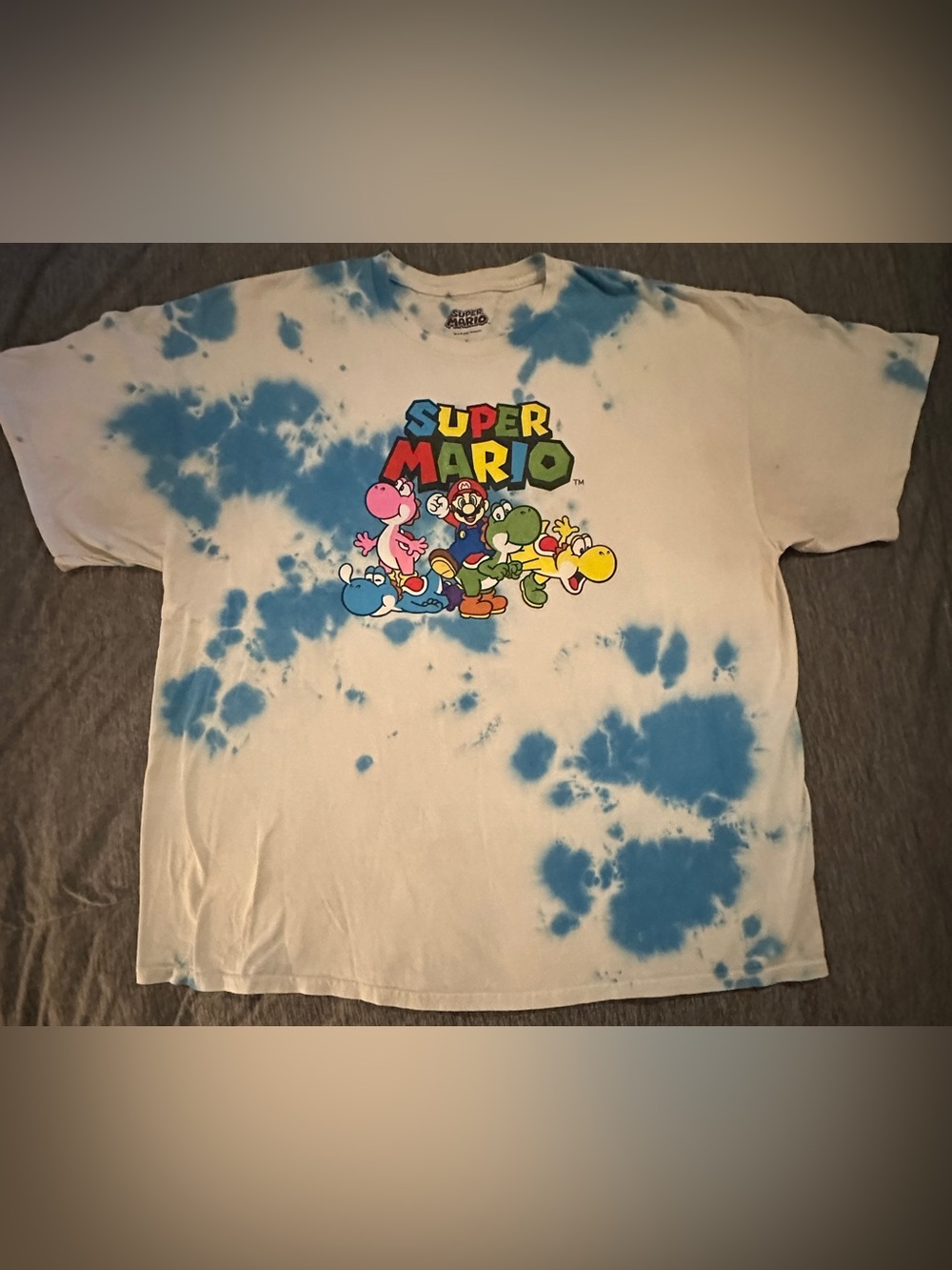 Nintendo White Tee with Blue Tie-Dye and Super Mario Graphic